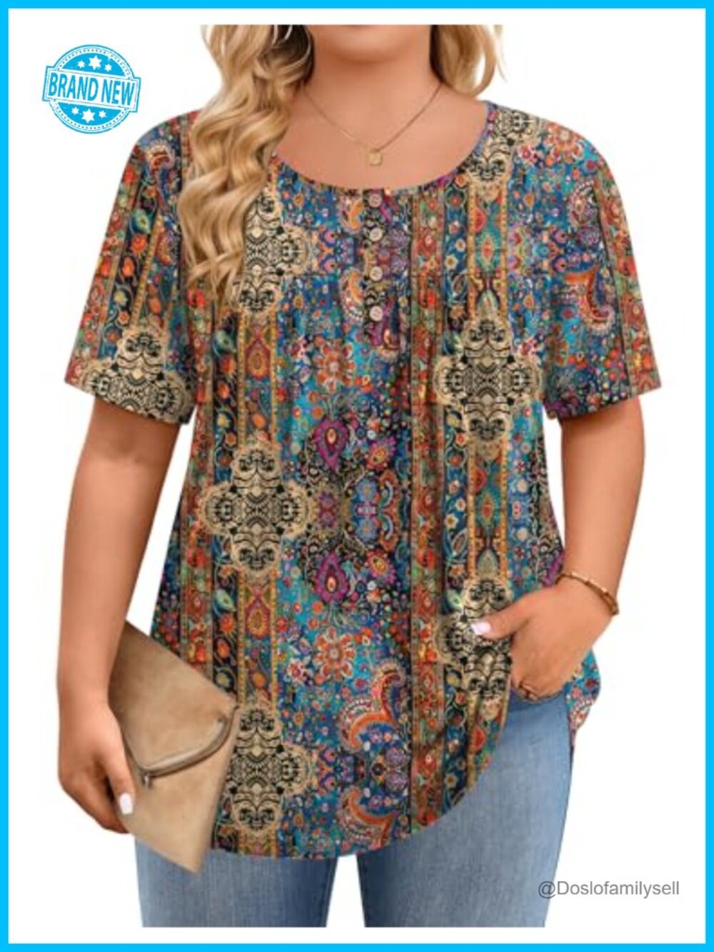 Plus Size Womens Short Sleeve Tunic Top Floral Button Loose Fit Casual